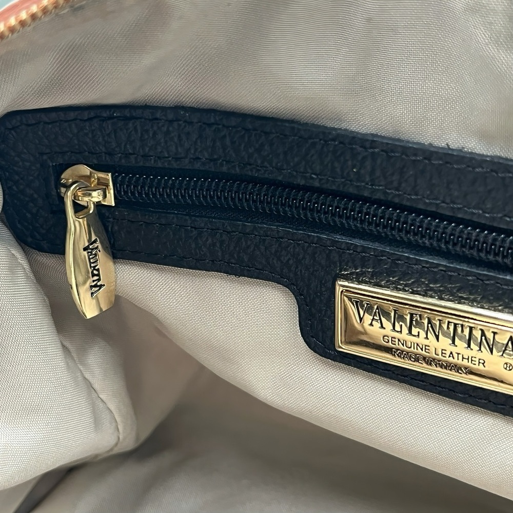 Valentina Pebbled Italian Leather Satchel Bag Navy Tan Top Handle Crossbody - Picture 10 of 14